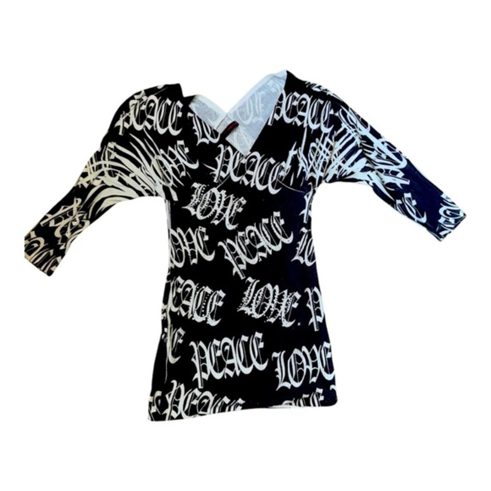Y2K USA Grungy allover print W/ rhinestones too V neck black n white sz Med‎